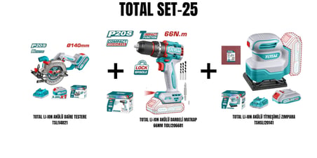 Total Set-25 (TOTAL LI-ION AKÜLÜ DAİRE TESTERE+AKÜLÜ DARBELİ MATKAP 66NM+AKÜLÜ TİTREŞİMLİ ZIMPARA)