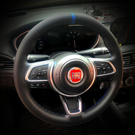 DİKİŞLİ DİREKSİYON KILIFI İTHAL SİYAH DERİ MAVİ YÜZÜK MAVİ DİKİŞLİ FIAT EGEA İÇİN