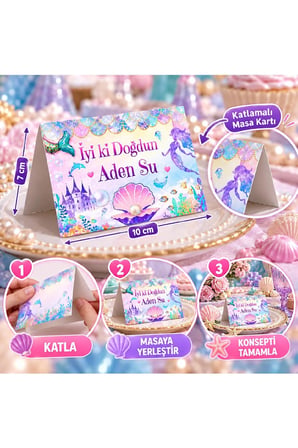 Denizkızı Temalı Kişiye Özel Masa Kartı 9'lu Set | İsme Özel Doğum Günü Masa Süsü | Katlamalı Çift Taraflı Baskı