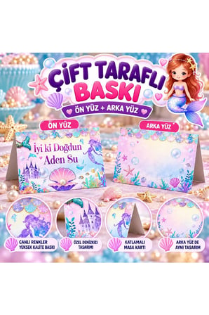 Denizkızı Temalı Kişiye Özel Masa Kartı 9'lu Set | İsme Özel Doğum Günü Masa Süsü | Katlamalı Çift Taraflı Baskı