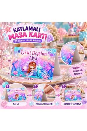 Denizkızı Temalı Kişiye Özel Masa Kartı 9'lu Set | İsme Özel Doğum Günü Masa Süsü | Katlamalı Çift Taraflı Baskı