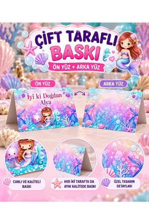 Denizkızı Temalı Kişiye Özel Masa Kartı 9'lu Set | İsme Özel Doğum Günü Masa Süsü | Katlamalı Çift Taraflı Baskı