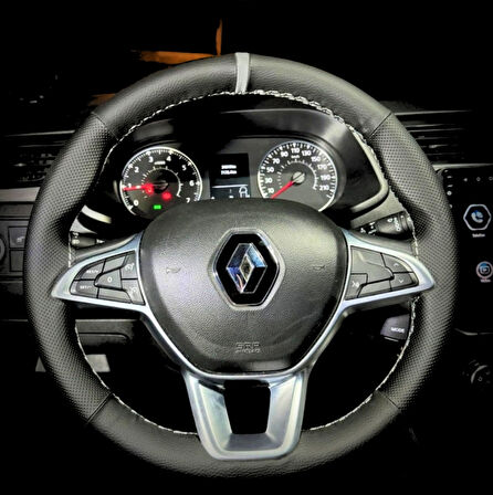 DİKİŞLİ DİREKSİYON KILIFI SİYAH DERİ NOKTALI DERİ GRİ YÜZÜK GRİ DİKİŞLİ RENAULT EXPRESS İÇİN