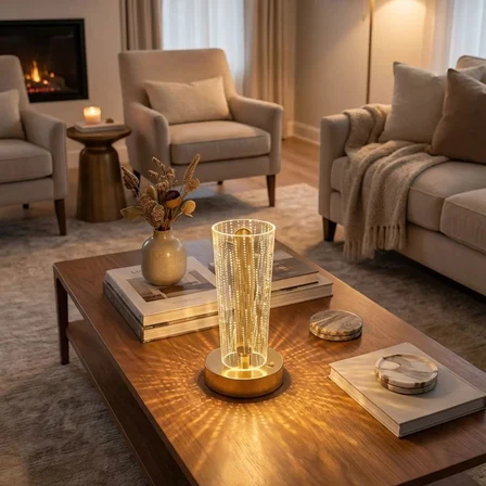 Silindirik Kristal Nokta Model LED Masa Lambası – Gold Tabanlı, Dokunmatik,  Renk Işık Modlu, Şarjlı Modern Dekoratif Gece Lambası () (rmzon)