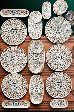 Lunaria 29 Parça Porselen Kahvaltı Takımı 6 Kişilik Çay Bardaklı Kayık Sunum Seti