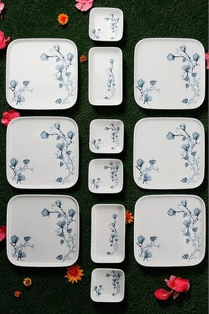 Magnolia 14 Parça Kare Porselen 6 Kişilik Kahvaltı Takımı Mavi Beyaz