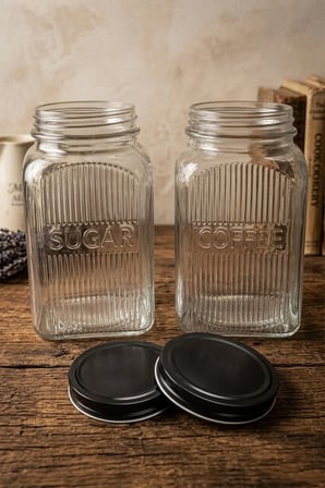Elida Metal Kapaklı 2'Li Cam Kavanoz Coffee, Sugar ( 2 x 1 Lt )