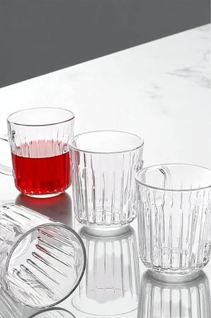 Virella 4'lü Kulplu Dikey Çizgi Desenli Şeffaf Cam Kupa Bardak Seti 200 ml