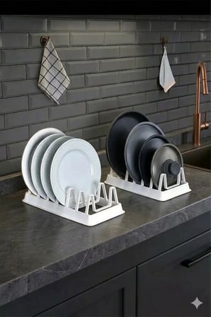 6 Bölmeli Plastik Tabak, Tava & Tencere Kapağı Düzenleyici/Dolap İçi ve Tezgah Üstü Organizer