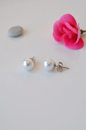 10 mm İnci Küpe Gümüş Renkli