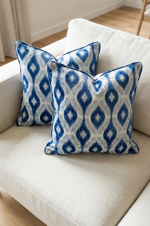İkat Desenli Kırlent Kılıfı 2'li Set | Mavi Beyaz Koltuk Yastık Kılıfı 45x45 cm