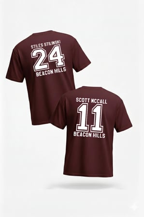 Teen Wolf İkili Stilinski-McCall T-Shirt - Bordo Baskılı Oversize Bisiklet Yaka Kısa Kol Bol