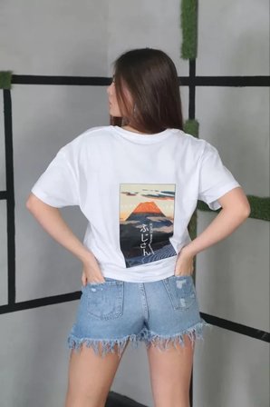 İKALES Unisex Bisiklet Yaka Baskılı Oversize T-Shirt- Beyaz