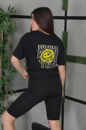 İKALES Unisex Bisiklet Yaka Baskılı Oversize T-Shirt - Siyah