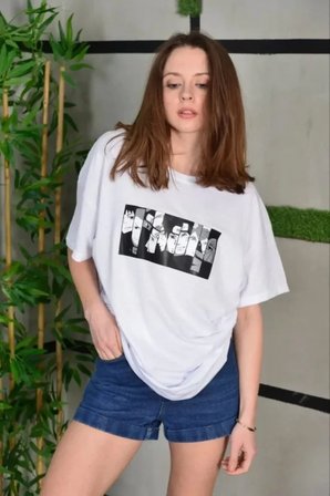 İKALES Unisex Bisiklet Yaka Baskılı Oversize T-Shirt - Beyaz