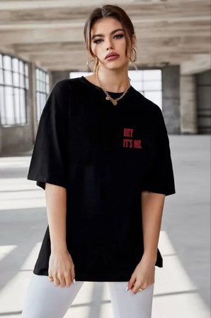 İKALES Unisex Baskılı Oversize T-Shirt - Siyah