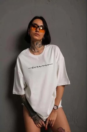 İKALES Unisex Bisiklet Yaka Baskılı T-Shirt - Beyaz