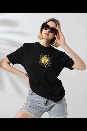 İKALES Unisex Bisiklet Yaka Baskılı T-Shirt - Siyah