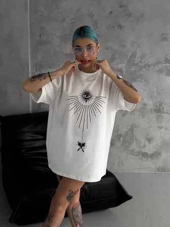 İKALES Unisex Bisiklet Yaka Baskılı Oversize T-Shirt - Beyaz