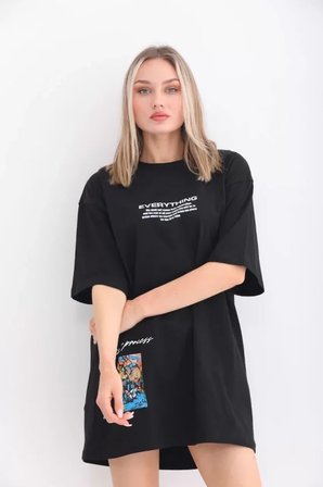 İKALES Unisex Bisiklet Yaka Baskılı Oversize T-Shirt - Siyah