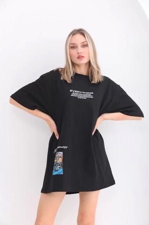 İKALES Unisex Bisiklet Yaka Baskılı Oversize T-Shirt - Siyah