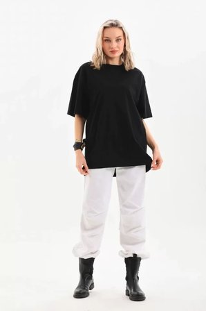 İKALES Unisex Bisiklet Yaka 20/1 Düz Oversize T-Shirt - Siyah