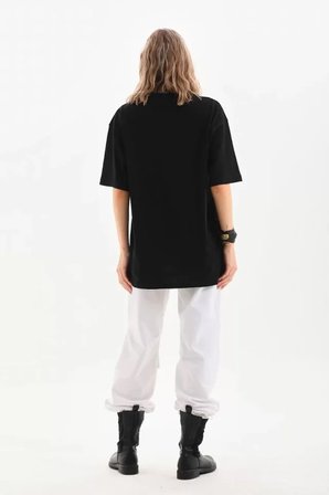 İKALES Unisex Bisiklet Yaka 20/1 Düz Oversize T-Shirt - Siyah