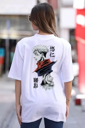İKALES Unisex Bisiklet Yaka Baskılı Oversize T-Shirt - Beyaz