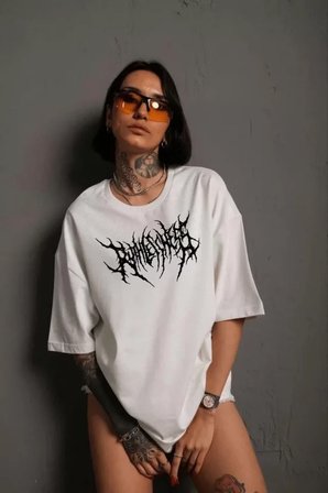 İKALES Unisex Bisiklet Yaka Baskılı Oversize T-Shirt - Beyaz