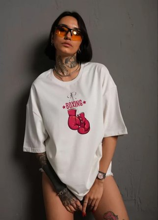 İKALES Unisex Bisiklet Yaka Baskılı Oversize T-Shirt - Beyaz