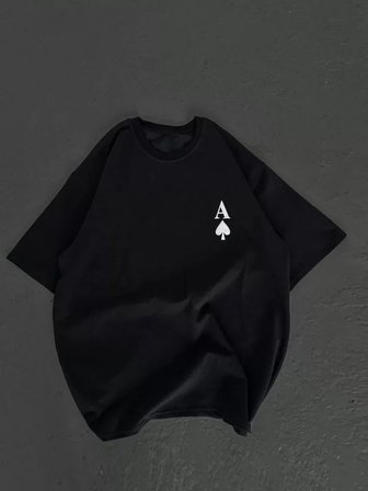 İKALES Unisex Bisiklet Yaka Baskılı Oversize T-Shirt - Siyah