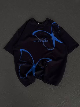 İKALES Unisex Bisiklet Yaka Baskılı Oversize T-Shirt - Siyah