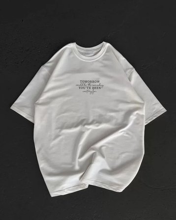 İKALES Unisex Bisiklet Yaka Baskılı Oversize T-Shirt - Beyaz