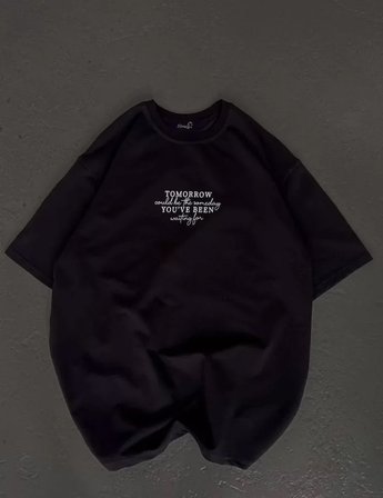 İKALES Unisex Bisiklet Yaka Baskılı Oversize T-Shirt - Siyah