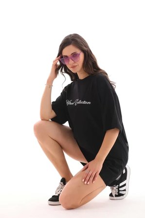 İKALES Unisex Bisiklet Yaka Baskılı Oversize T-Shirt - Siyah