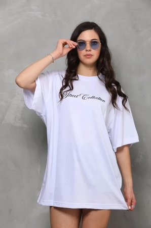 İKALES Unisex Bisiklet Yaka Baskılı Oversize T-Shirt - Beyaz