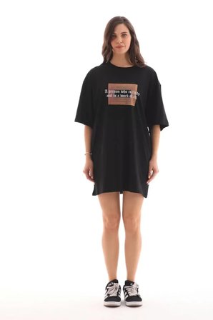 İKALES Unisex Bisiklet Yaka Baskılı Oversize T-Shirt - Siyah