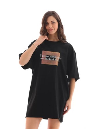 İKALES Unisex Bisiklet Yaka Baskılı Oversize T-Shirt - Siyah