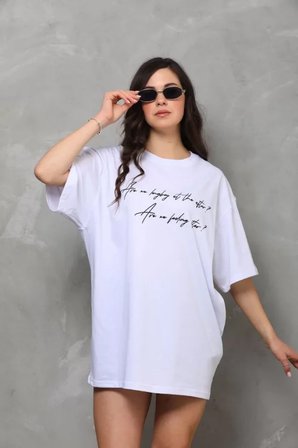 İKALES Unisex Bisiklet Yaka Baskılı Oversize T-Shirt - Beyaz