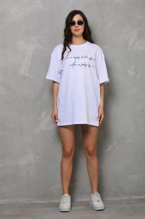İKALES Unisex Bisiklet Yaka Baskılı Oversize T-Shirt - Beyaz