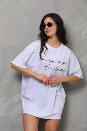 İKALES Unisex Bisiklet Yaka Baskılı Oversize T-Shirt - Beyaz