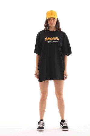 İKALES Unisex Bisiklet Yaka Baskılı Oversize T-Shirt - Siyah