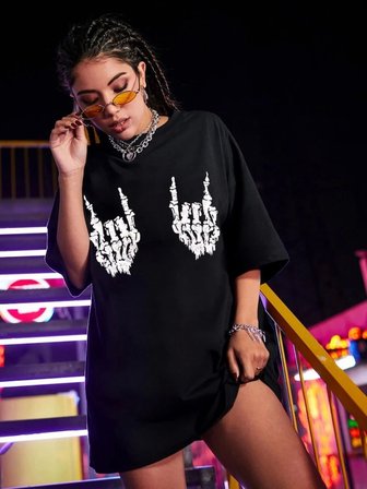 İKALES Baskılı Oversize T-shirt - Siyah