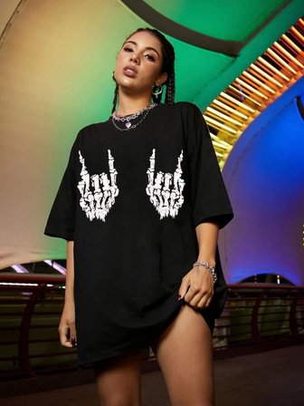 İKALES Baskılı Oversize T-shirt - Siyah