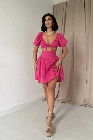 İKALES Fuşya Brode Crop Ve Mini Etek Takım