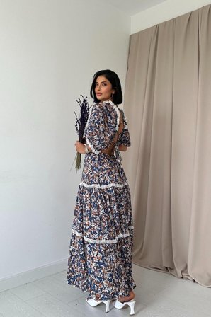 İKALES Desenli Sırtı Dekolteli Brode Elbise