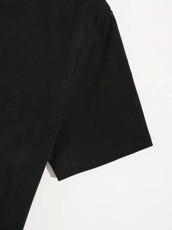 İKALES Baskılı Oversize Bisiklet Yaka T-shirt - Siyah