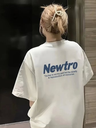 İKALES Baskılı Oversize Bisiklet Yaka T-shirt - Beyaz