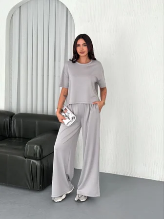 İKALES Osy Modal Yumuşak Dokulu Kumaş Bisiklet Yaka T-shirt  Bol Paça Pantalon Ikili Takım - Boyalı Gri
