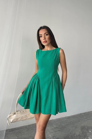 İKALES Yeşil Mini Boy Büzgülü Keten Elbise